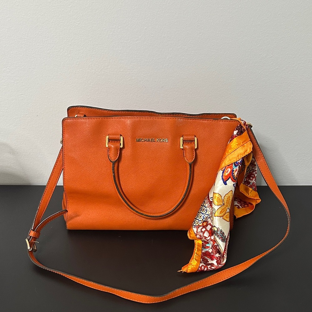 Michael Kors Orange Satchel w Scarf Accent. Corner & Interior Damage